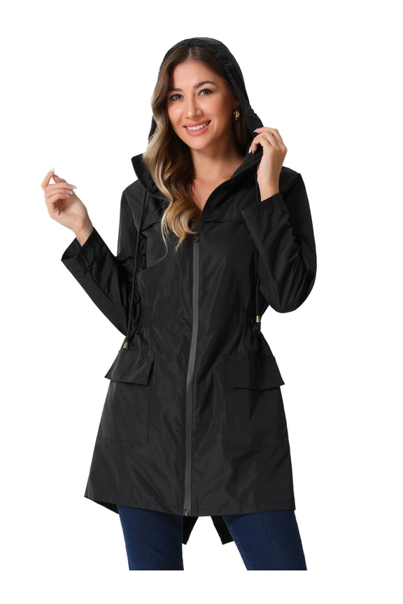 Windbreaker Trench Coat Hooded Waterproof Jacket S Black