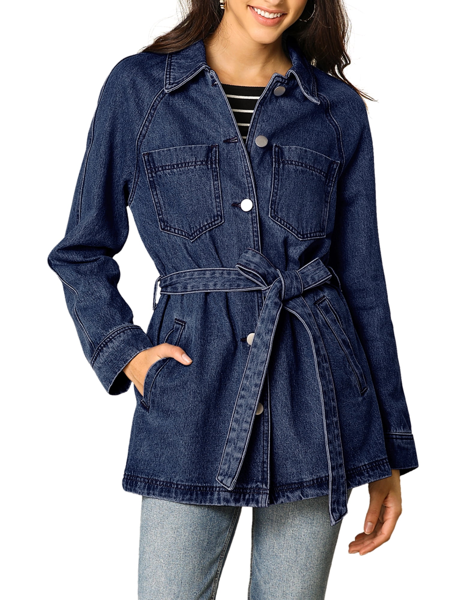 DARING DIVA Woman's Boyfriend Tie Waist Denim Jacket with Pockets L Dark Blue