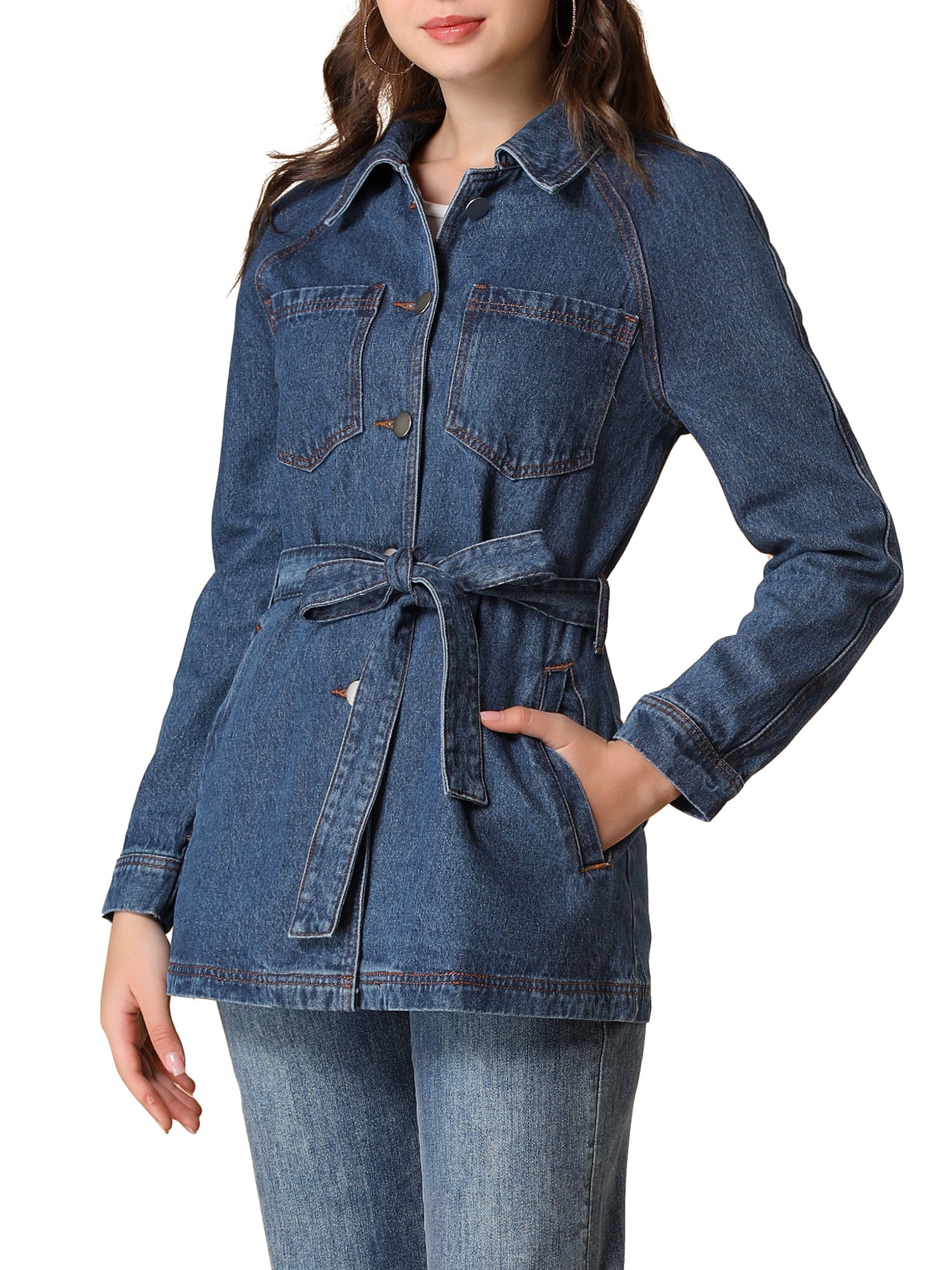 DARING DIVA Woman's Boyfriend Tie Waist Denim Jacket with Pockets M Medium Blue