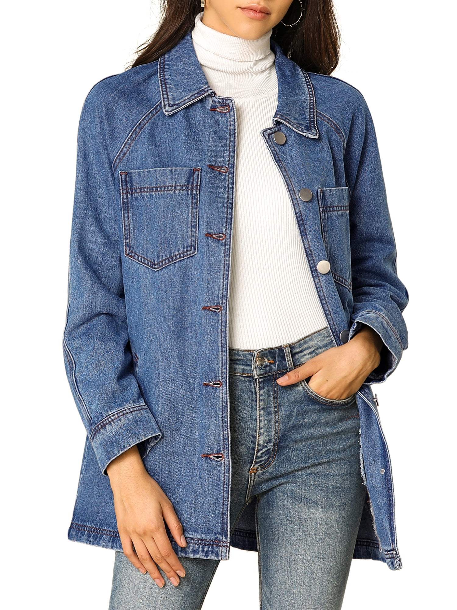 DARING DIVA Woman's Boyfriend Tie Waist Denim Jacket with Pockets XL Blue