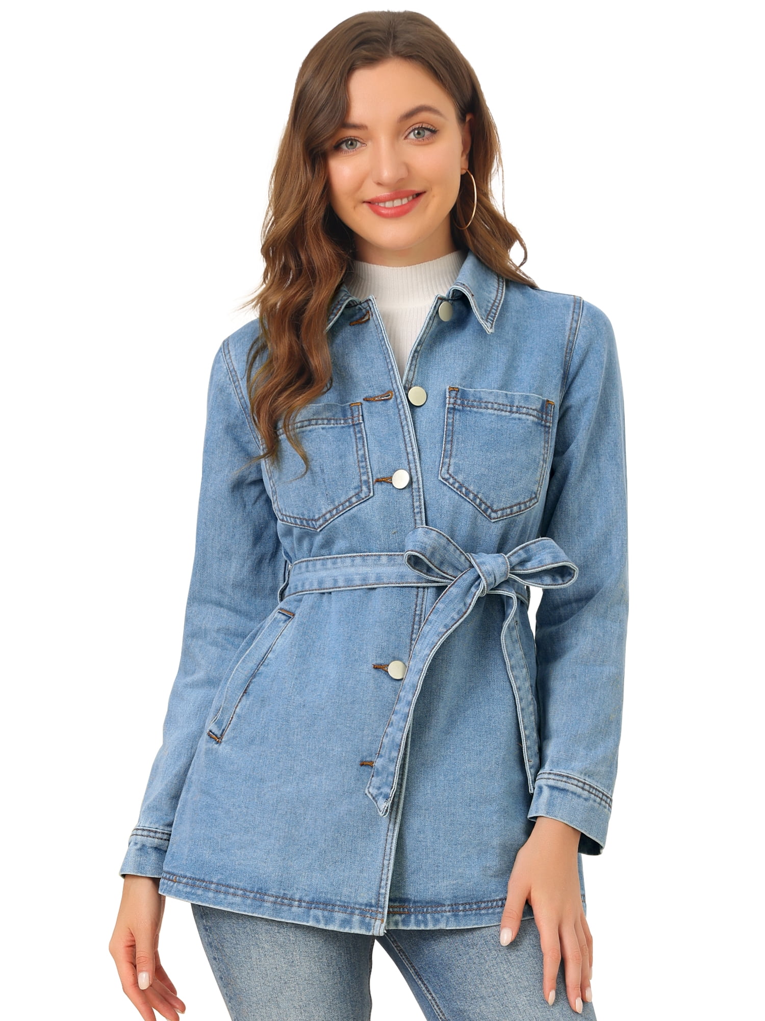 DARING DIVA Woman's Boyfriend Tie Waist Denim Jacket with Pockets XXL Blue