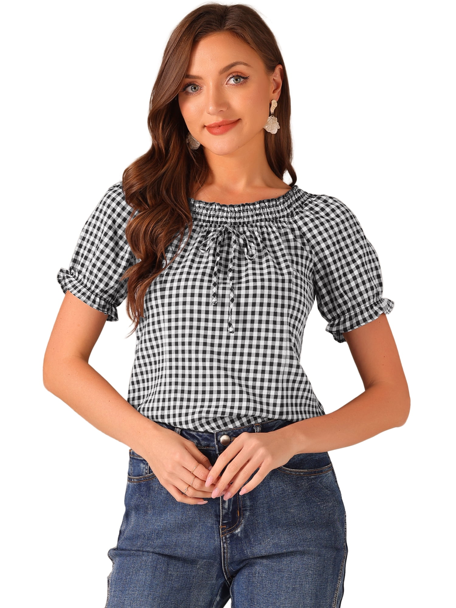 DARING DIVA Woman's Peasant Ruffles Puff Sleeve Gingham Plaid Top L Black