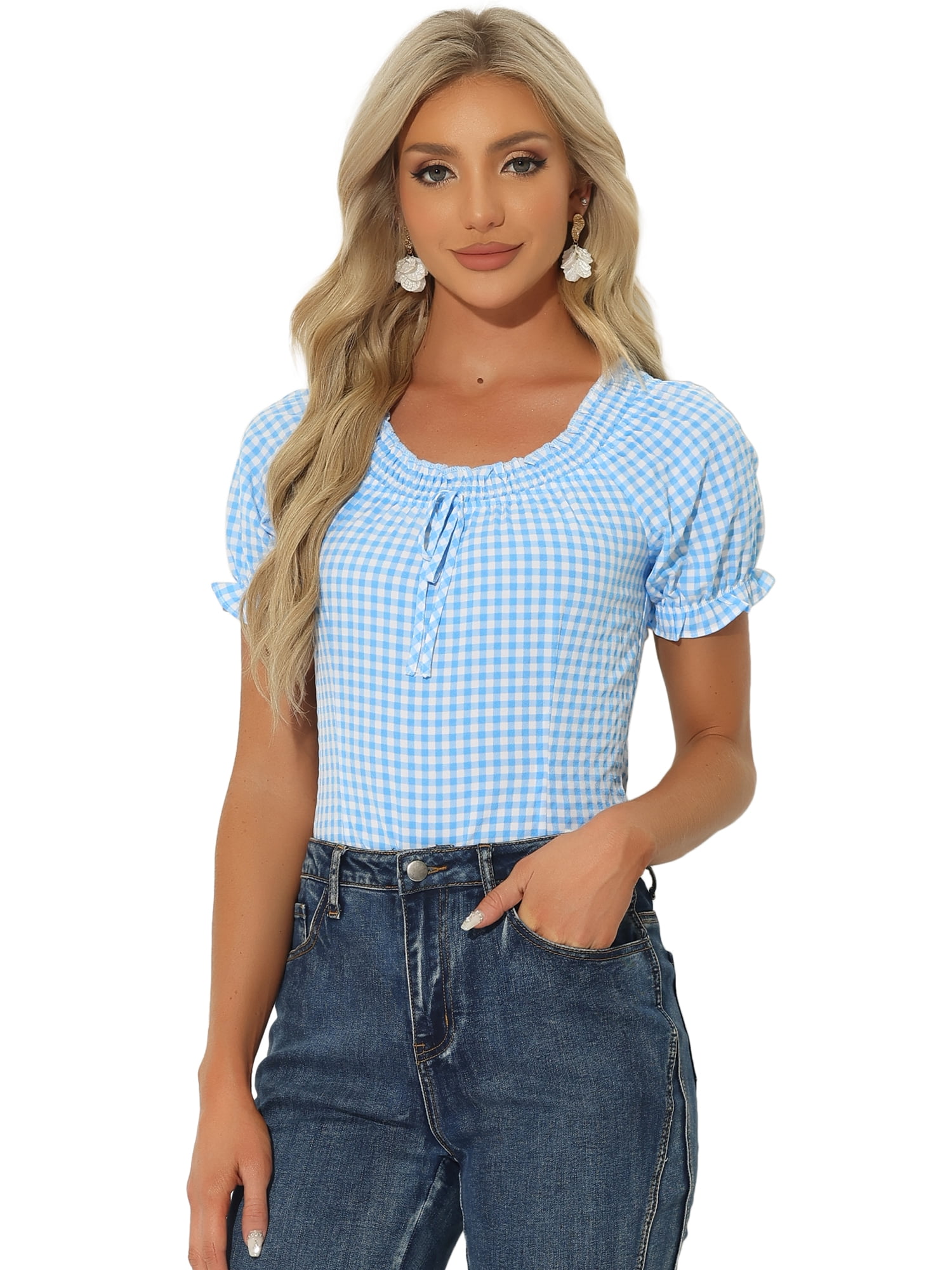 DARING DIVA Woman's Peasant Ruffles Puff Sleeve Gingham Plaid Top L Blue
