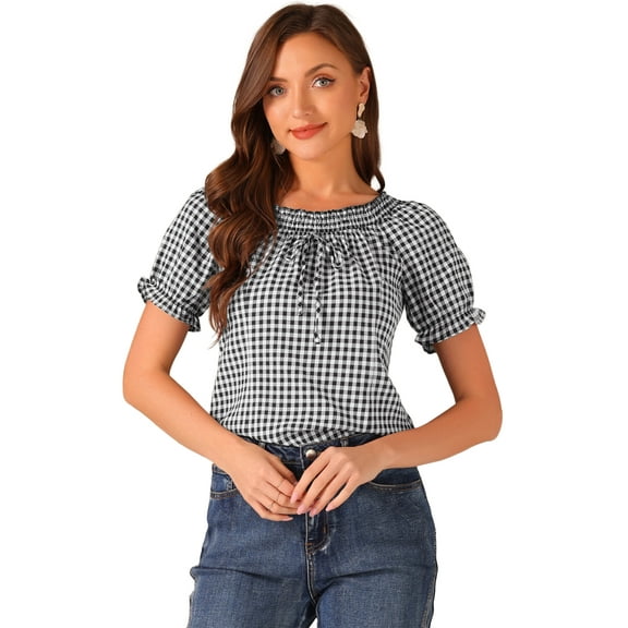 DARING DIVA Woman's Peasant Ruffles Puff Sleeve Gingham Plaid Top M Black