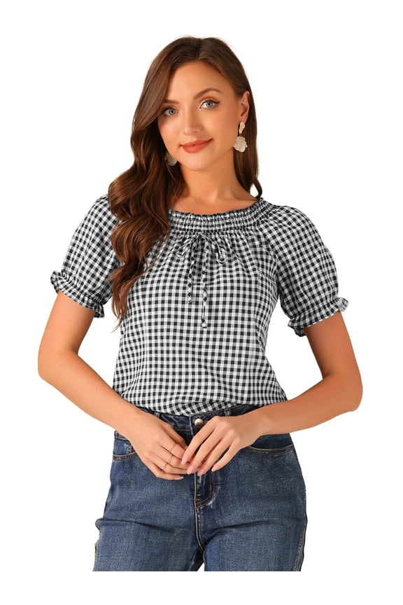 Woman's Peasant Ruffles Puff Sleeve Gingham Plaid Top XL Black