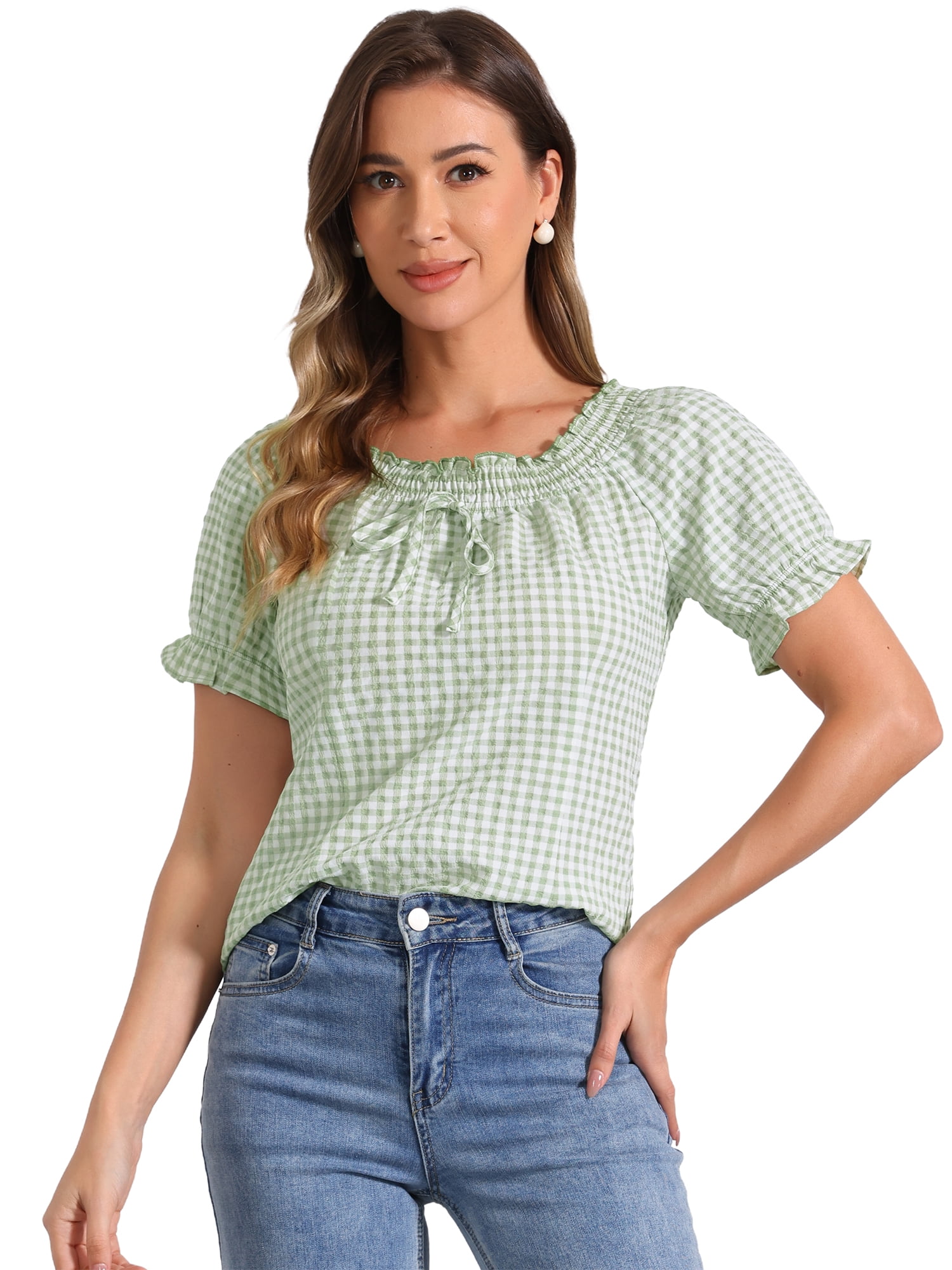 DARING DIVA Woman's Peasant Ruffles Puff Sleeve Gingham Plaid Top XL Green