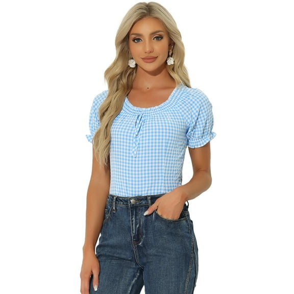 DARING DIVA Woman's Peasant Ruffles Puff Sleeve Gingham Plaid Top XS Blue