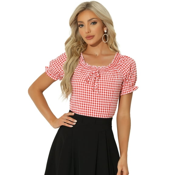 DARING DIVA Woman's Peasant Ruffles Puff Sleeve Gingham Plaid Top XS Red