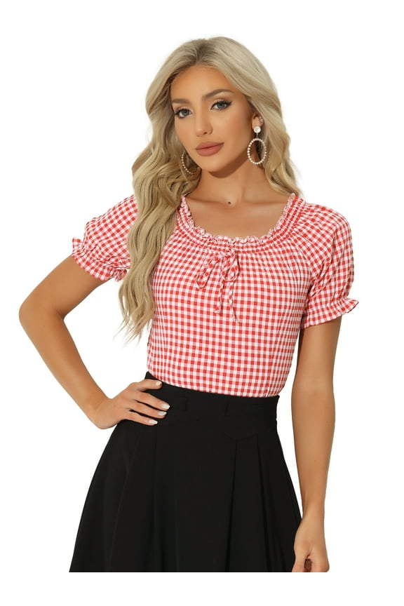 Woman's Peasant Ruffles Puff Sleeve Gingham Plaid Top XS Red