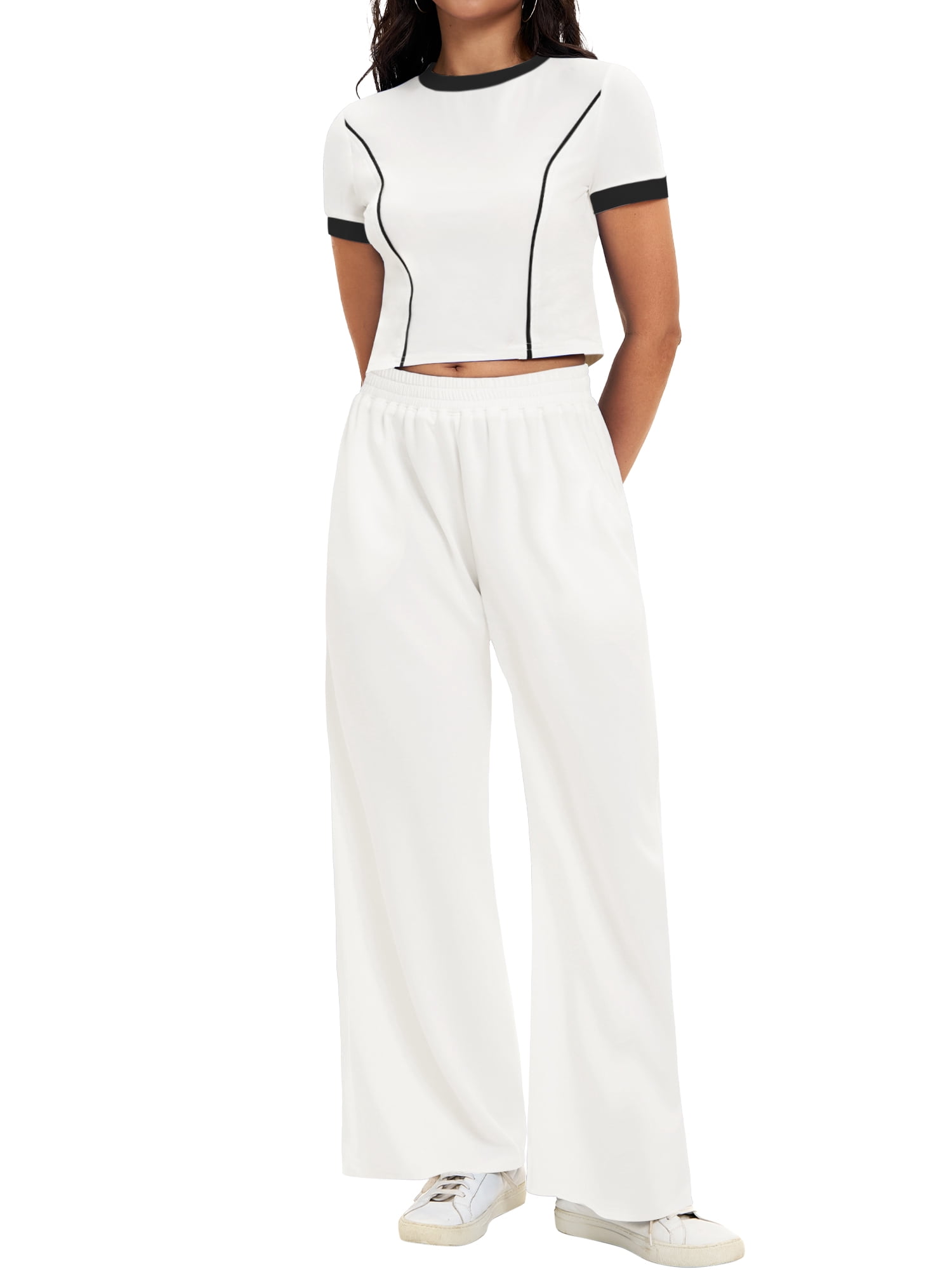 DARING DIVA Women 2 Pieces Set Crop Tops Wide Leg Pants Fall Outfits M White