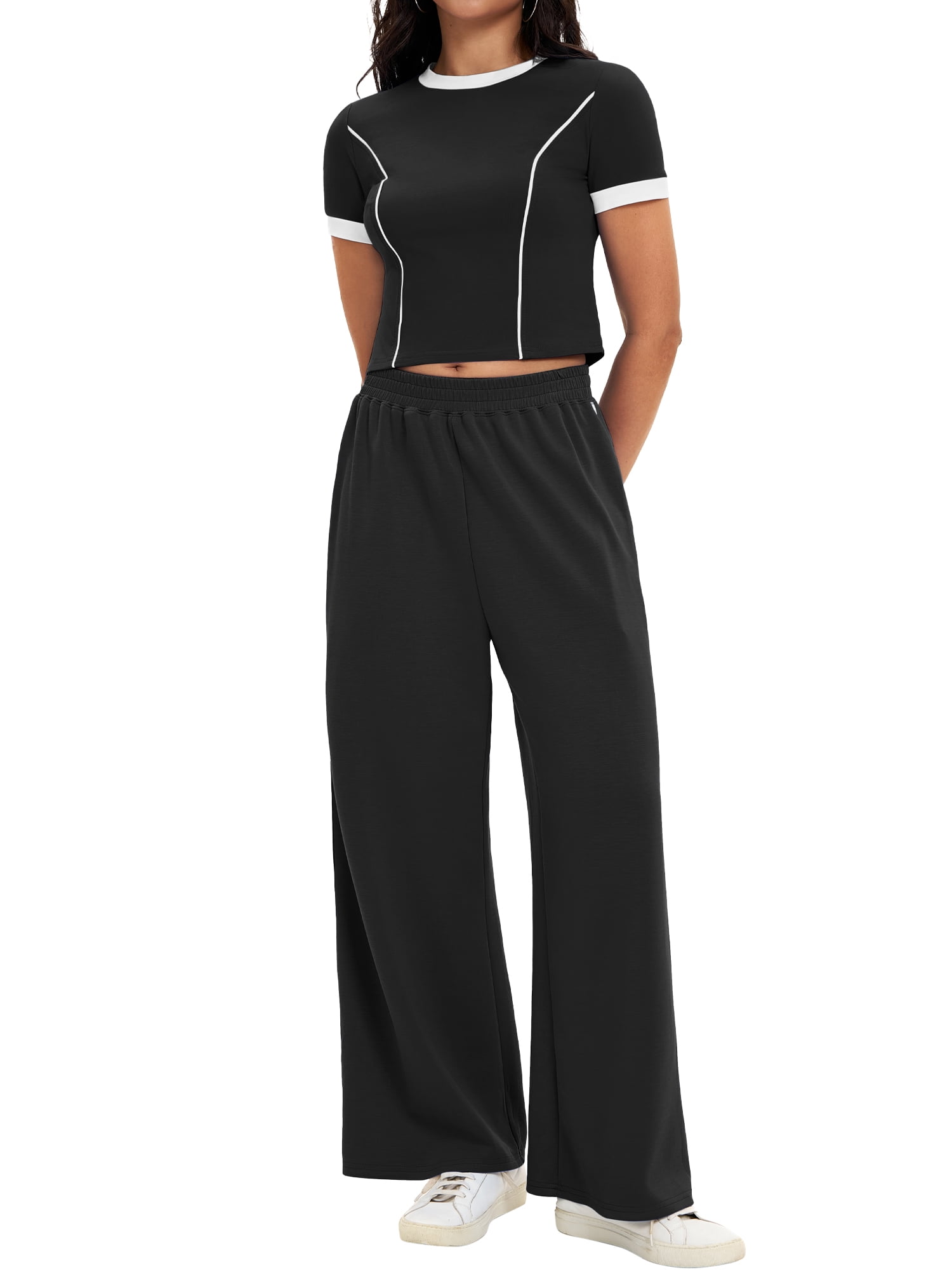 DARING DIVA Women 2 Pieces Set Crop Tops Wide Leg Pants Fall Outfits XL Black