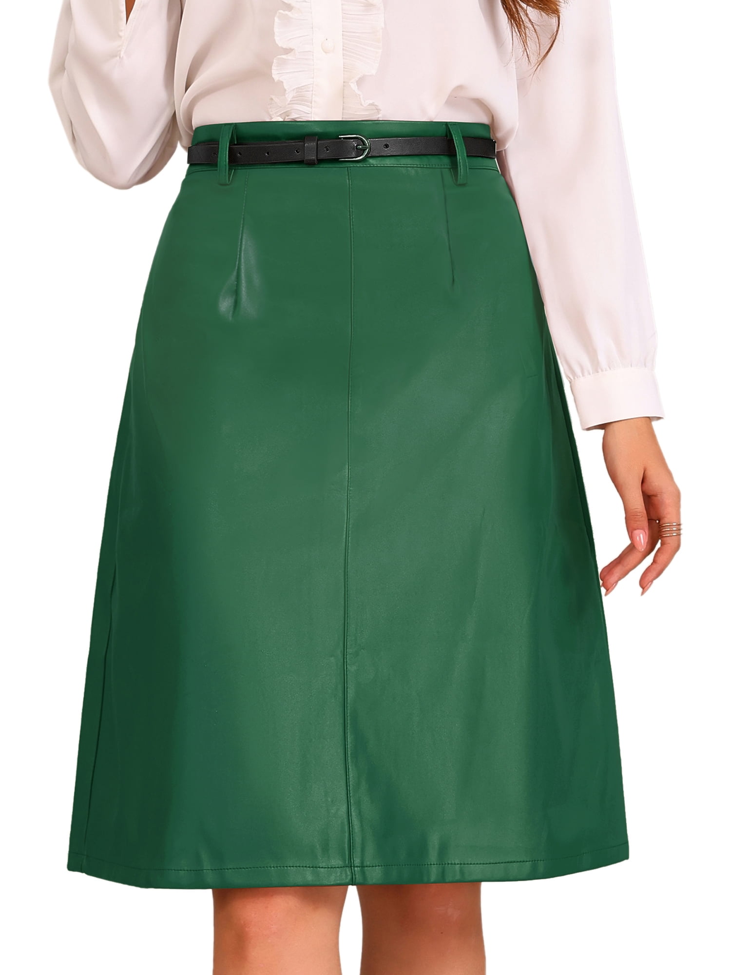 DARING DIVA Women A-Line High Waist PU Faux Leather Belted Midi Skirt L Deep Green