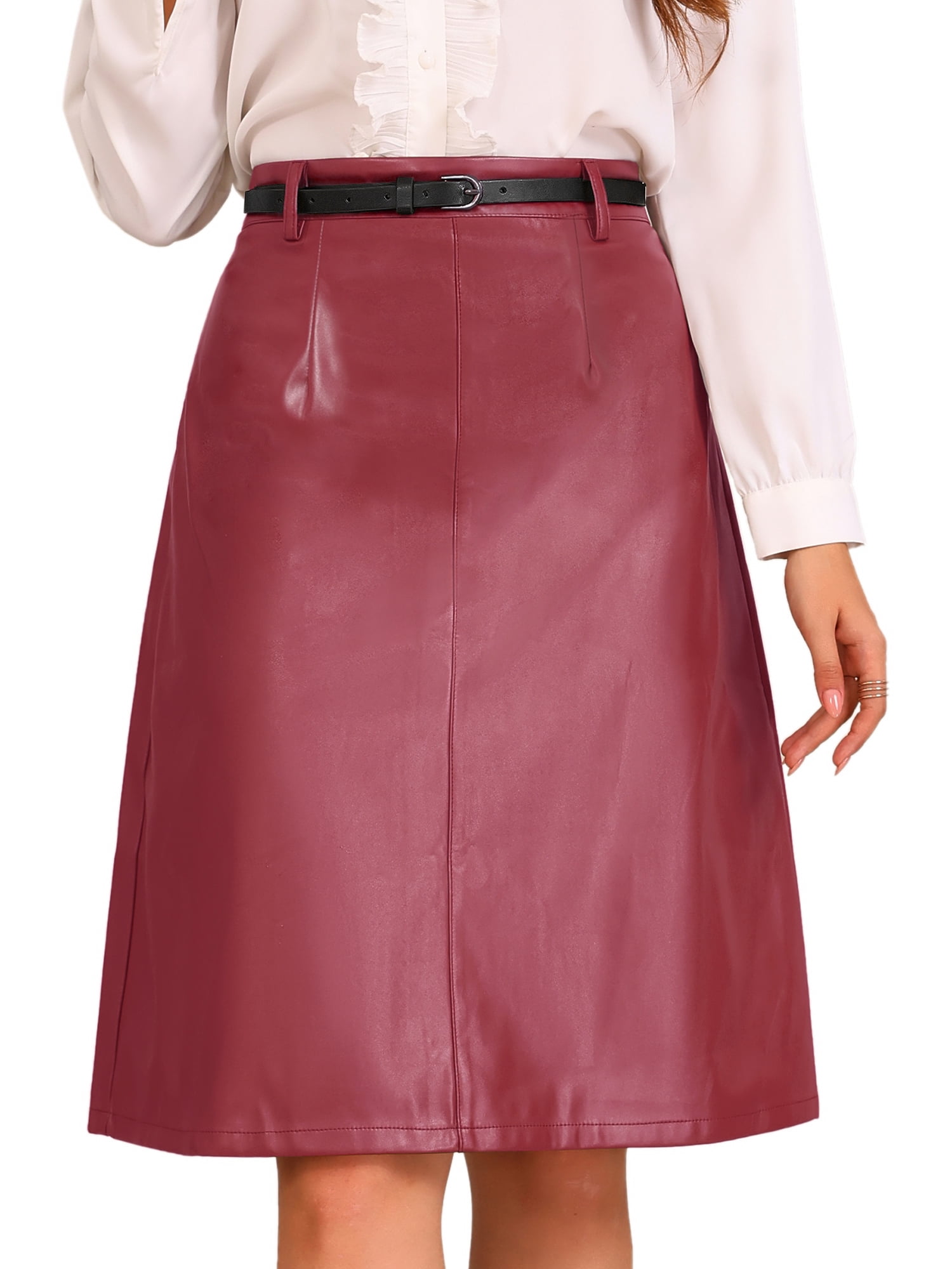 DARING DIVA Women A-Line High Waist PU Faux Leather Belted Midi Skirt L Wine Red