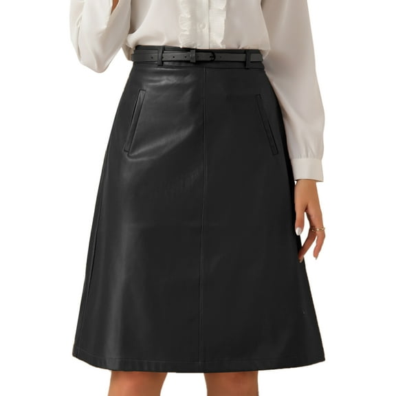 DARING DIVA Women A-Line High Waist PU Faux Leather Belted Midi Skirt M Black