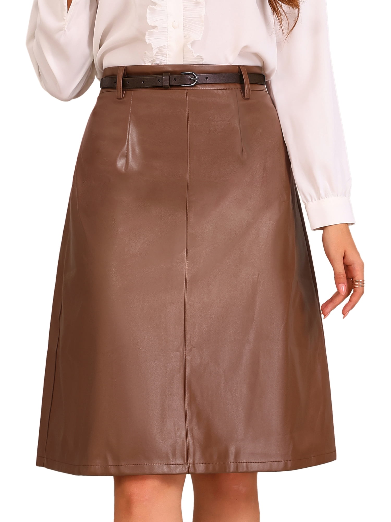 DARING DIVA Women A-Line High Waist PU Faux Leather Belted Midi Skirt M Brown