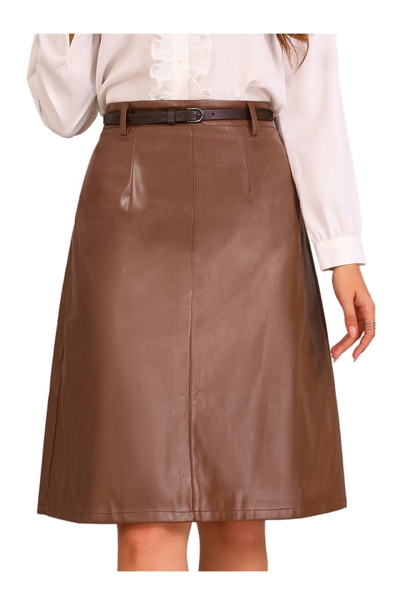 Women A-Line High Waist PU Faux Leather Belted Midi Skirt M Brown