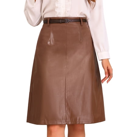 DARING DIVA Women A-Line High Waist PU Faux Leather Belted Midi Skirt S Brown