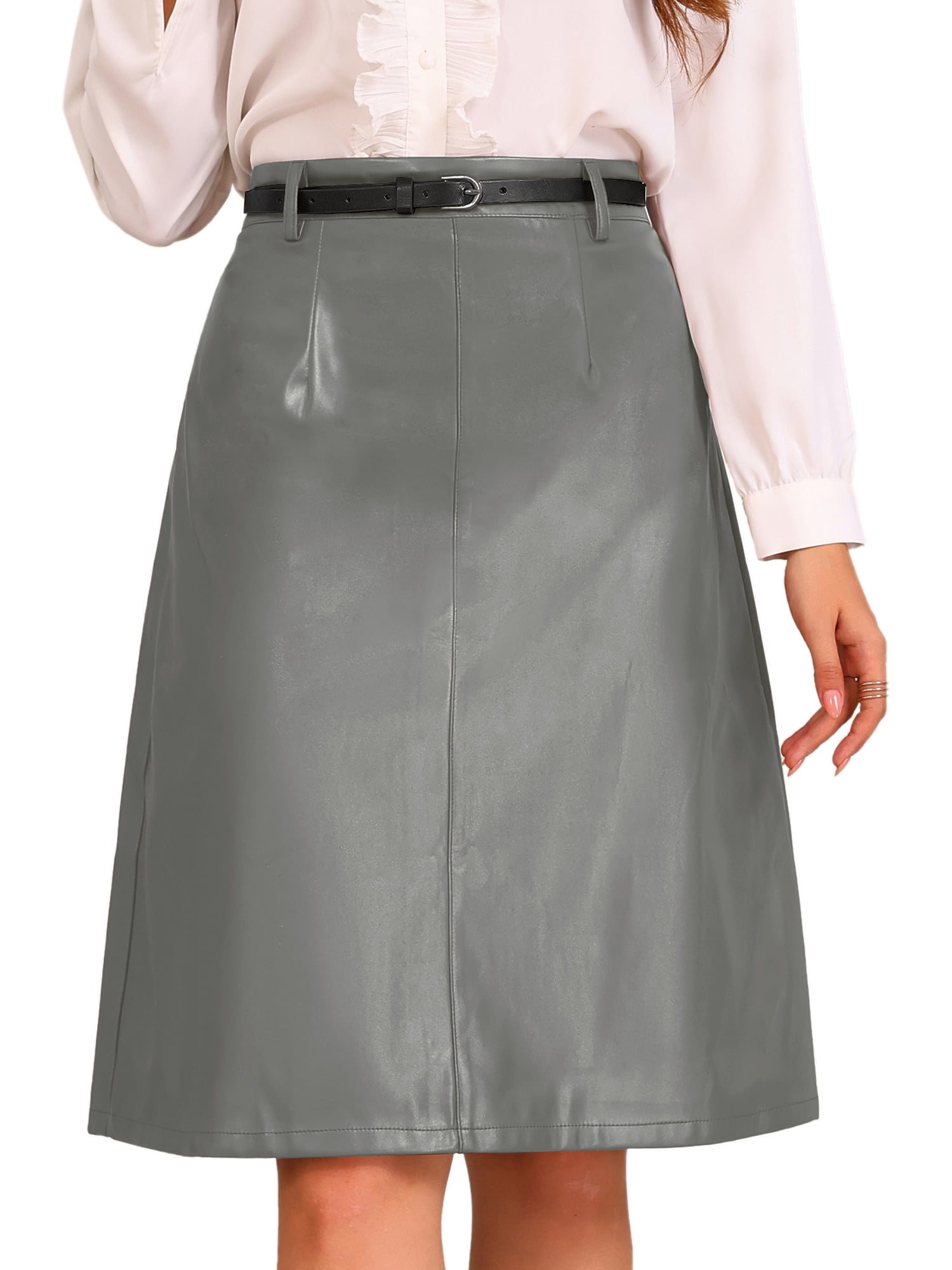 DARING DIVA Women A-Line High Waist PU Faux Leather Belted Midi Skirt S Dark Grey