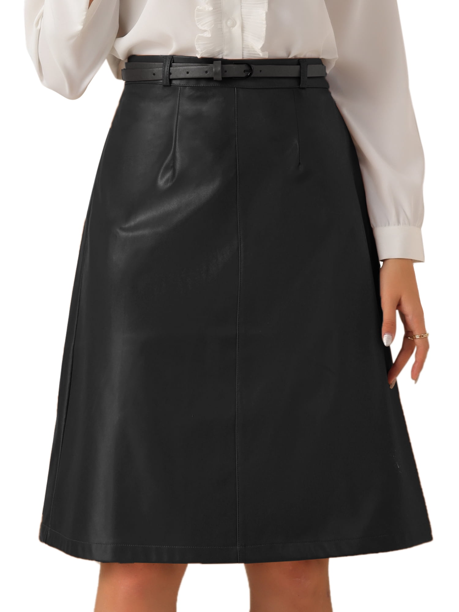 DARING DIVA Women A-Line High Waist PU Faux Leather Belted Midi Skirt XL Black