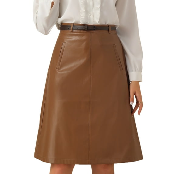 DARING DIVA Women A-Line High Waist PU Faux Leather Belted Midi Skirt XL Dark Brown