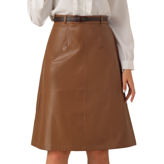 DARING DIVA Women A-Line High Waist PU Faux Leather Belted Midi Skirt XL Dark Brown