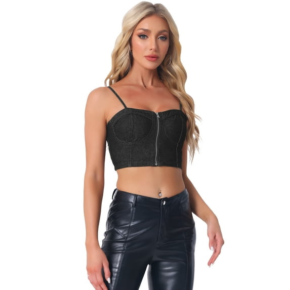 DARING DIVA Women Bustier Zip Up Adjustable Straps Jean Corset Top XL Black