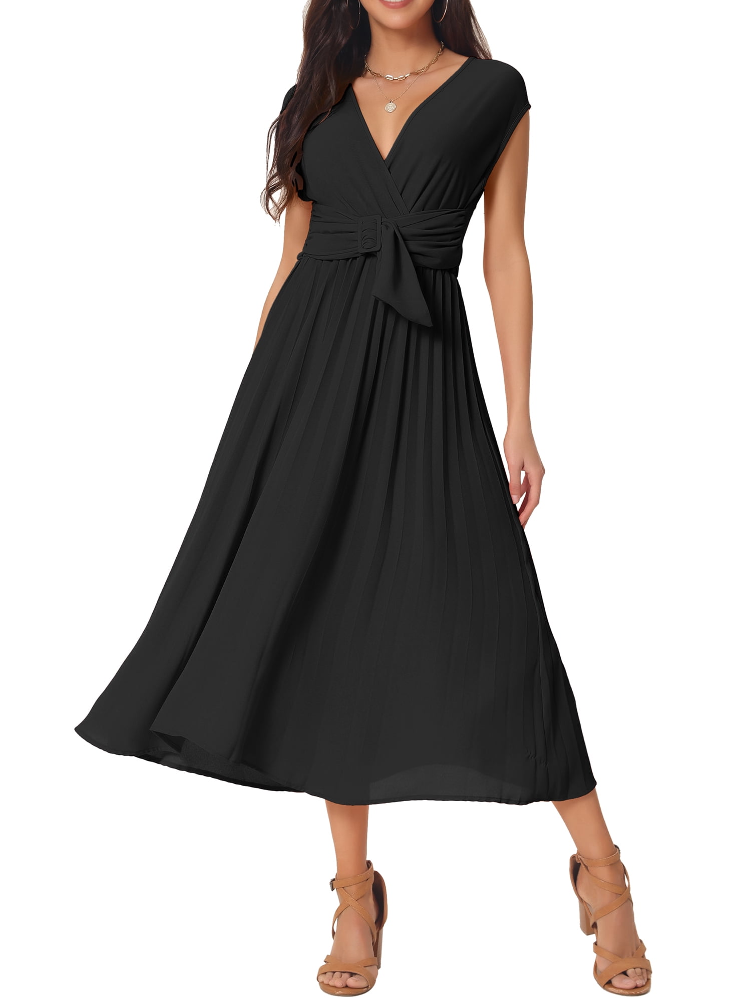 DARING DIVA Women Casual Sleeveless Wrap V Neck Midi Dress S Black