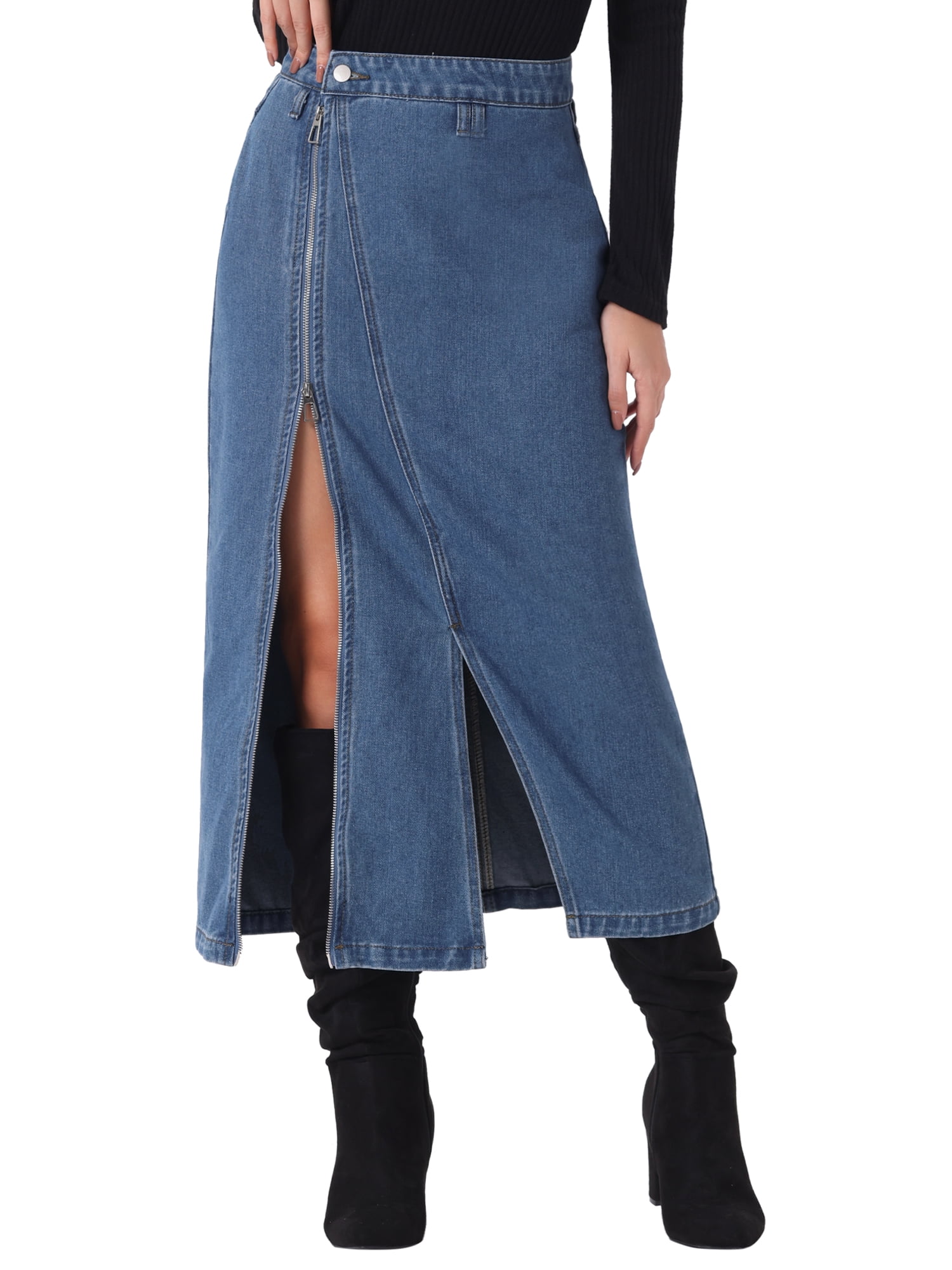 DARING DIVA Women Denim Zipper Front Split Long Jean Skirt with Pockets M Sky Blue