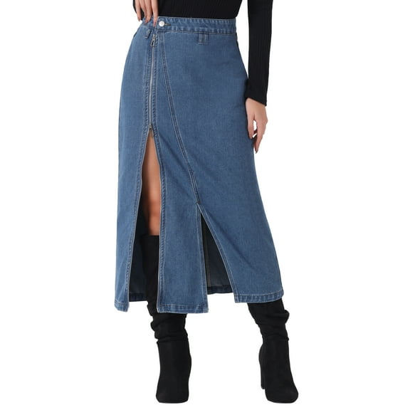DARING DIVA Women Denim Zipper Front Split Long Jean Skirt with Pockets M Sky Blue
