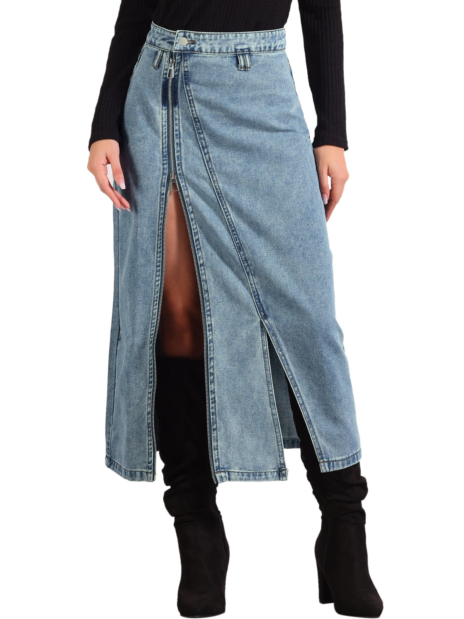 DARING DIVA Women Denim Zipper Front Split Long Jean Skirt with Pockets S Blue