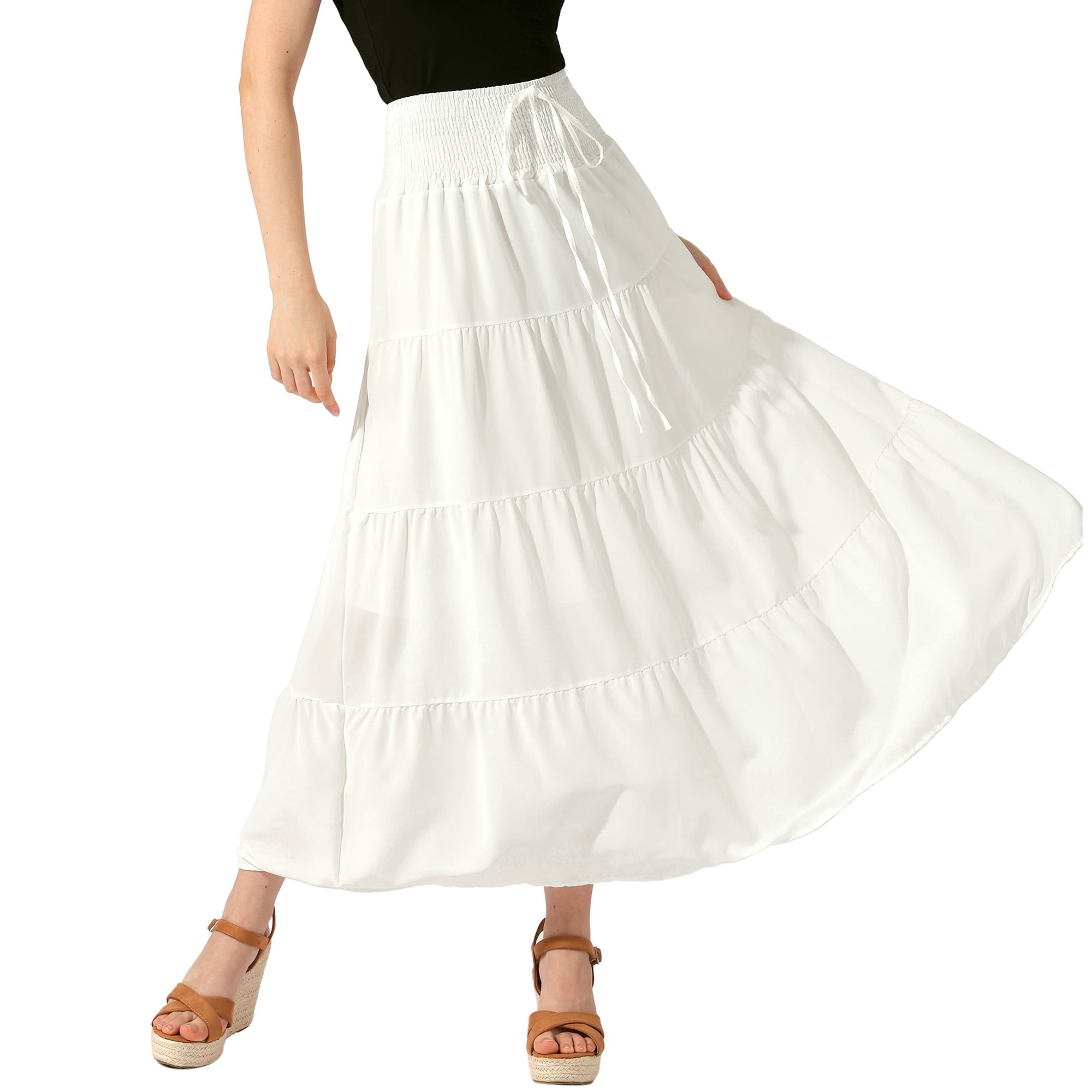 DARING DIVA Women Elastic Waist Tiered Smocked Flowy Maxi Skirt L White