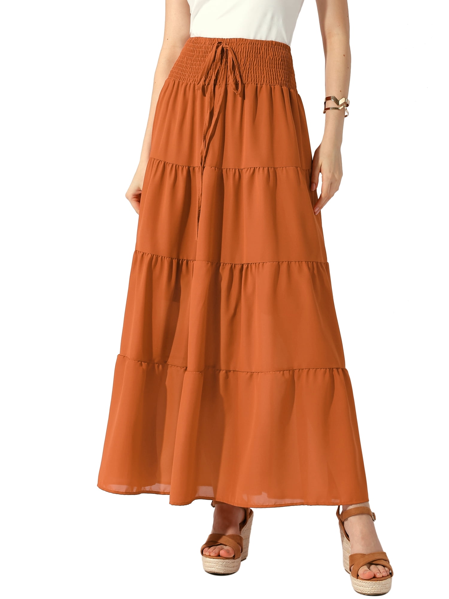 DARING DIVA Women Elastic Waist Tiered Smocked Flowy Maxi Skirt M Dark Orange
