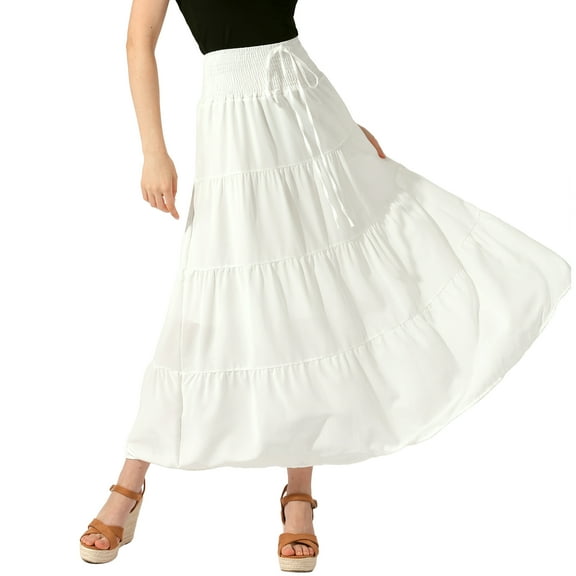 DARING DIVA Women Elastic Waist Tiered Smocked Flowy Maxi Skirt S White