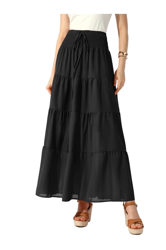 Women Elastic Waist Tiered Smocked Flowy Maxi Skirt XL Black