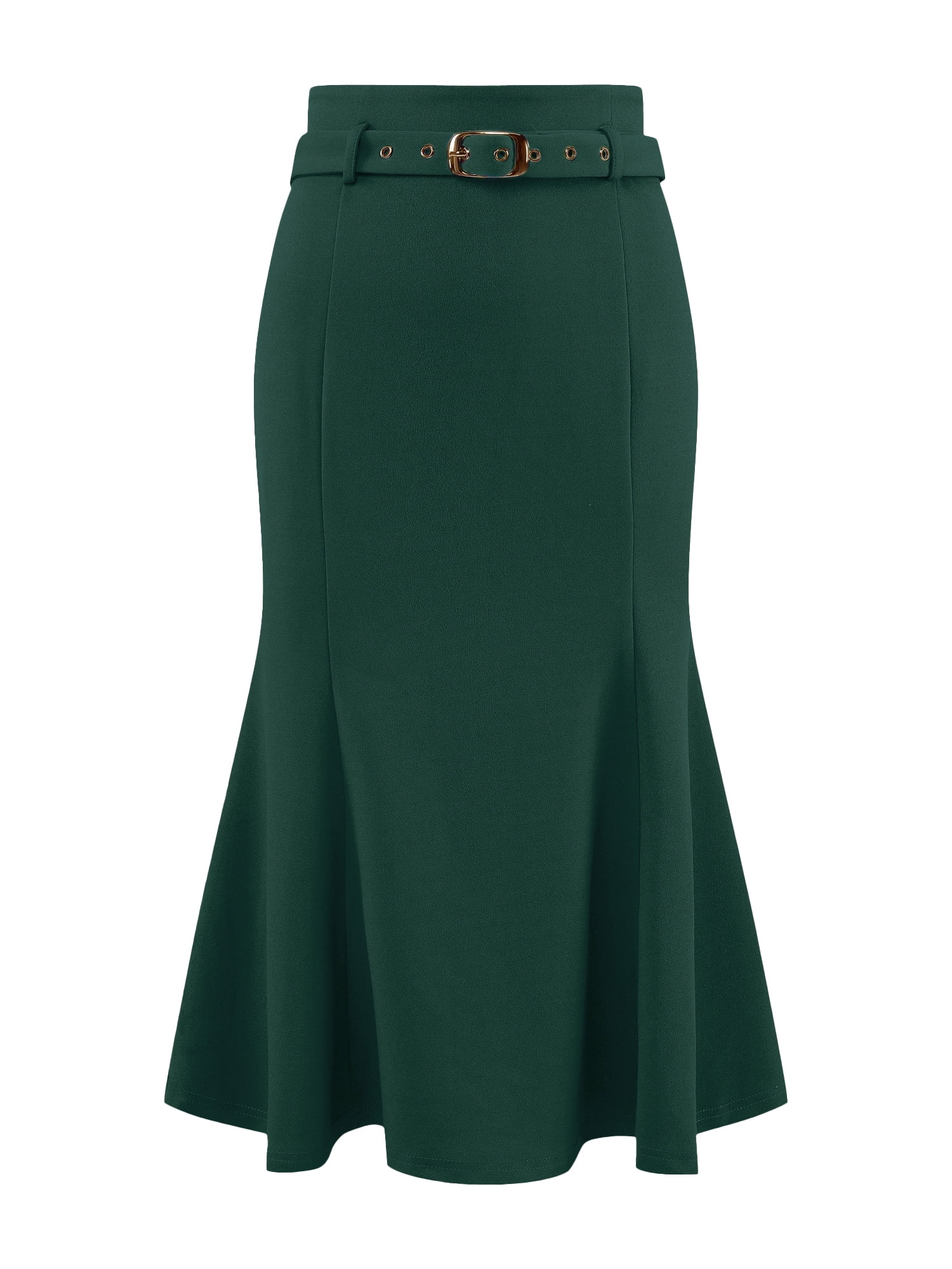 DARING DIVA Women Fishtail High Waist Belted Work Midi Mermaid Skirts L Dark Green