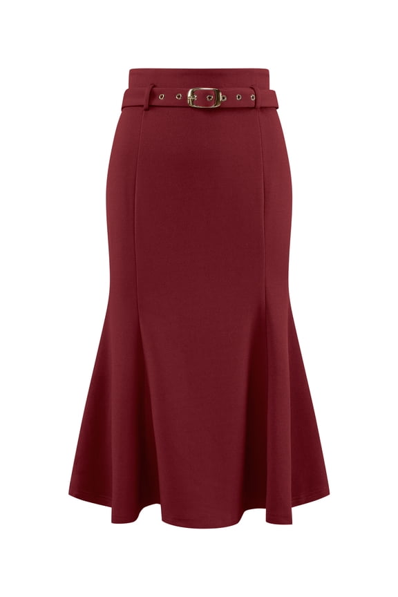 Women Fishtail High Waist Belted Work Midi Mermaid Skirts M Red