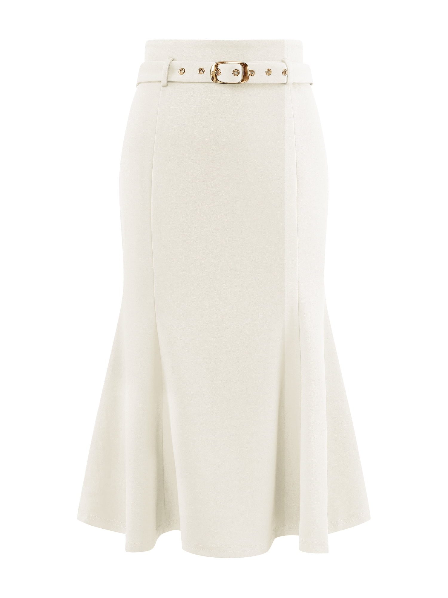 DARING DIVA Women Fishtail High Waist Belted Work Midi Mermaid Skirts M White