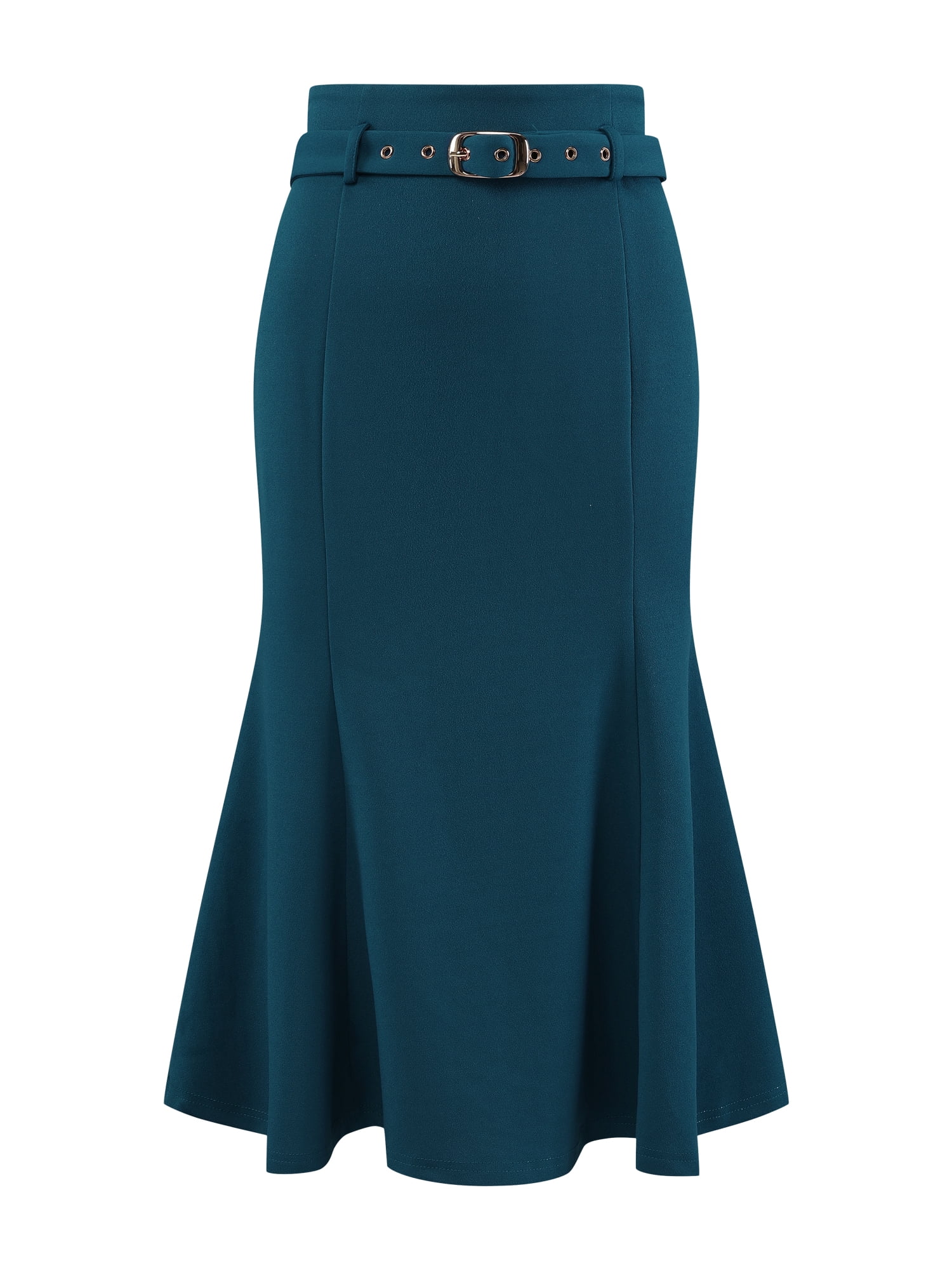 DARING DIVA Women Fishtail High Waist Belted Work Midi Mermaid Skirts S Lake Blue