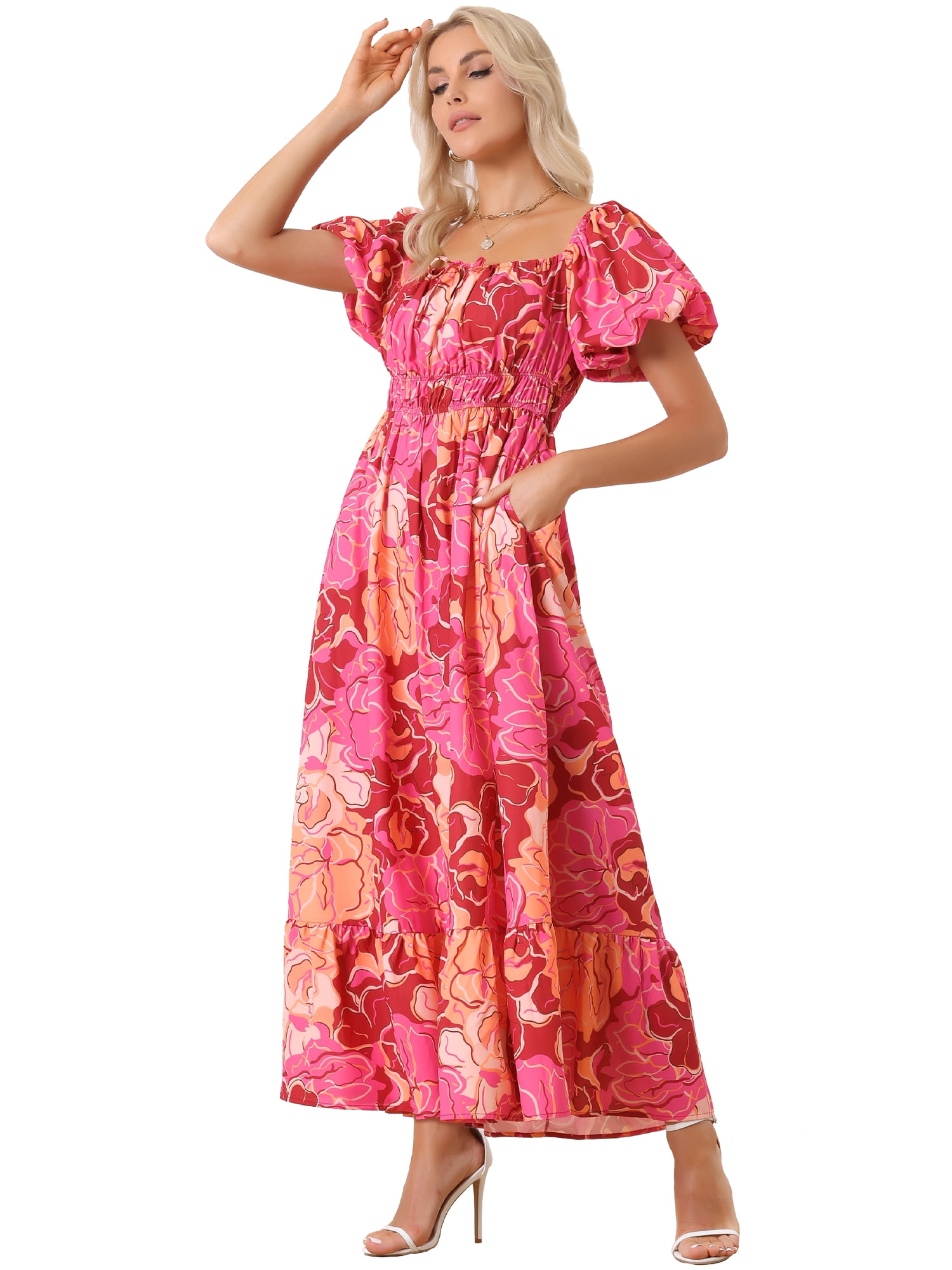 DARING DIVA Women Floral Sweetheart Neck Puff Short Sleeves Boho Maxi Dress S Pink