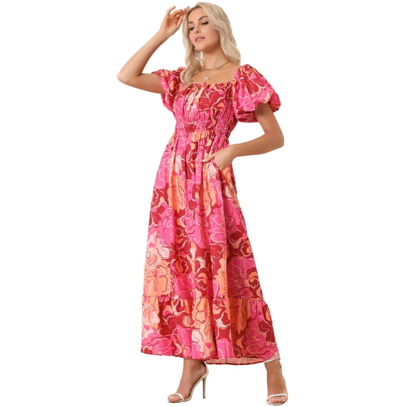 DARING DIVA Women Floral Sweetheart Neck Puff Short Sleeves Boho Maxi Dress XS Pink