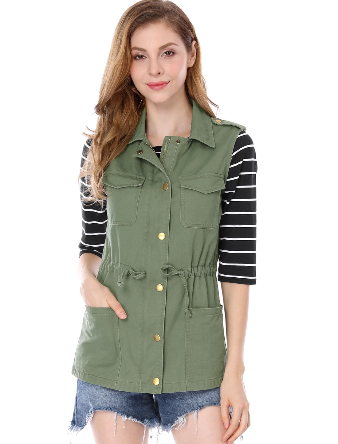 DARING DIVA Women Functional Pockets Drawstring Waist Cargo Vest 3XL Green