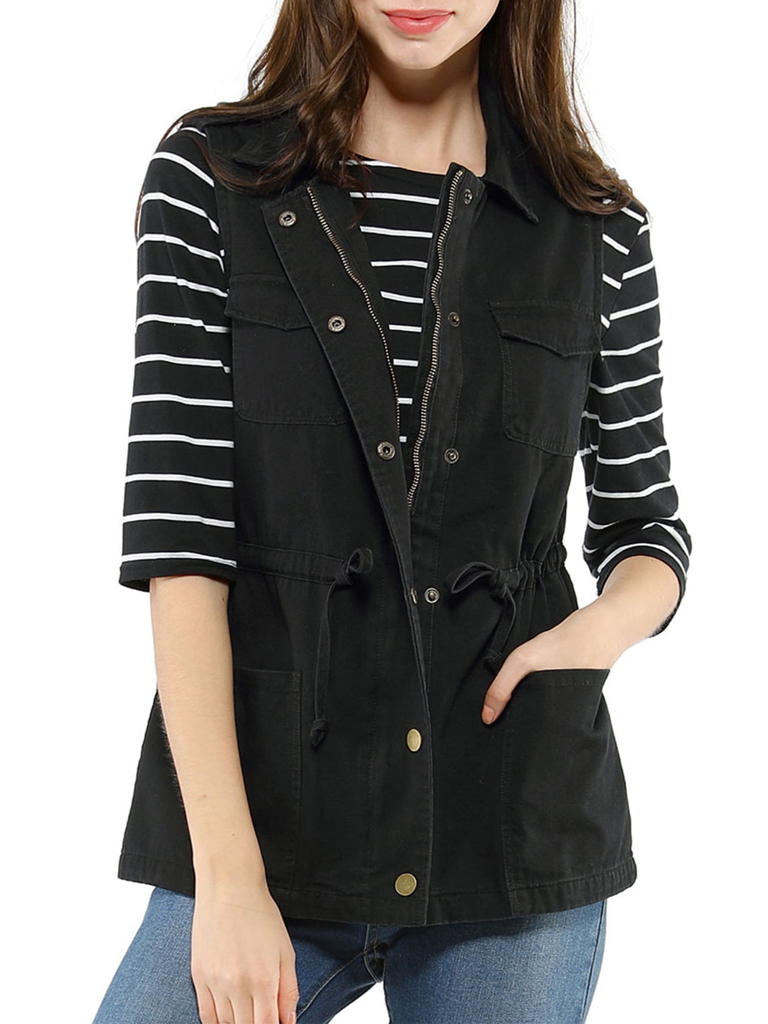 DARING DIVA Women Functional Pockets Drawstring Waist Cargo Vest L Black