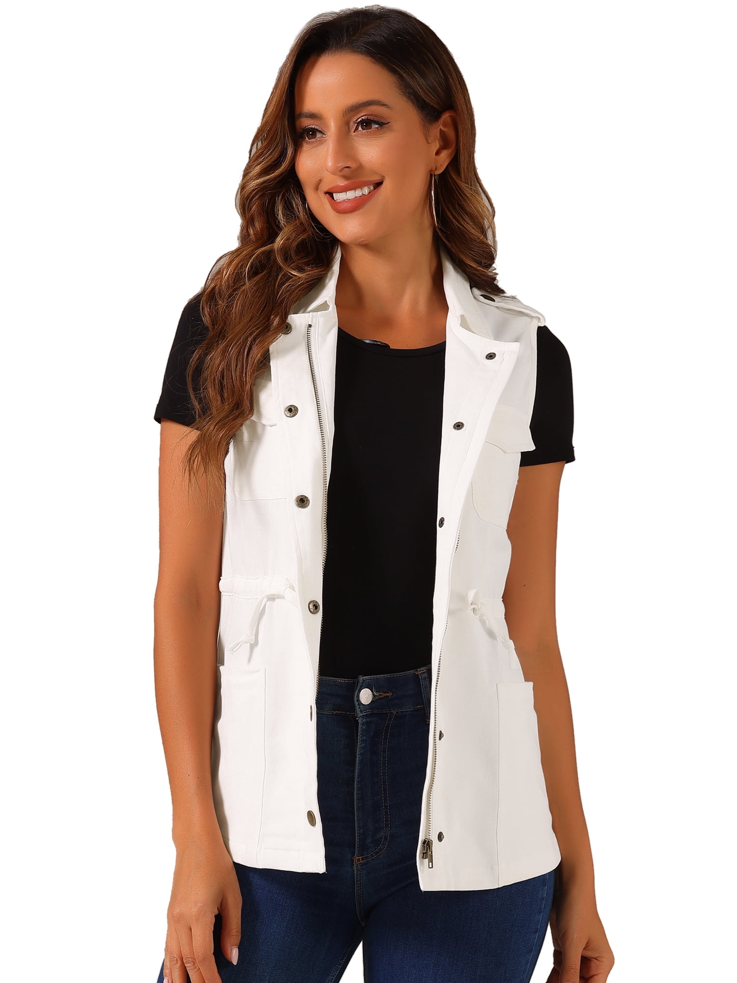DARING DIVA Women Functional Pockets Drawstring Waist Cargo Vest M White