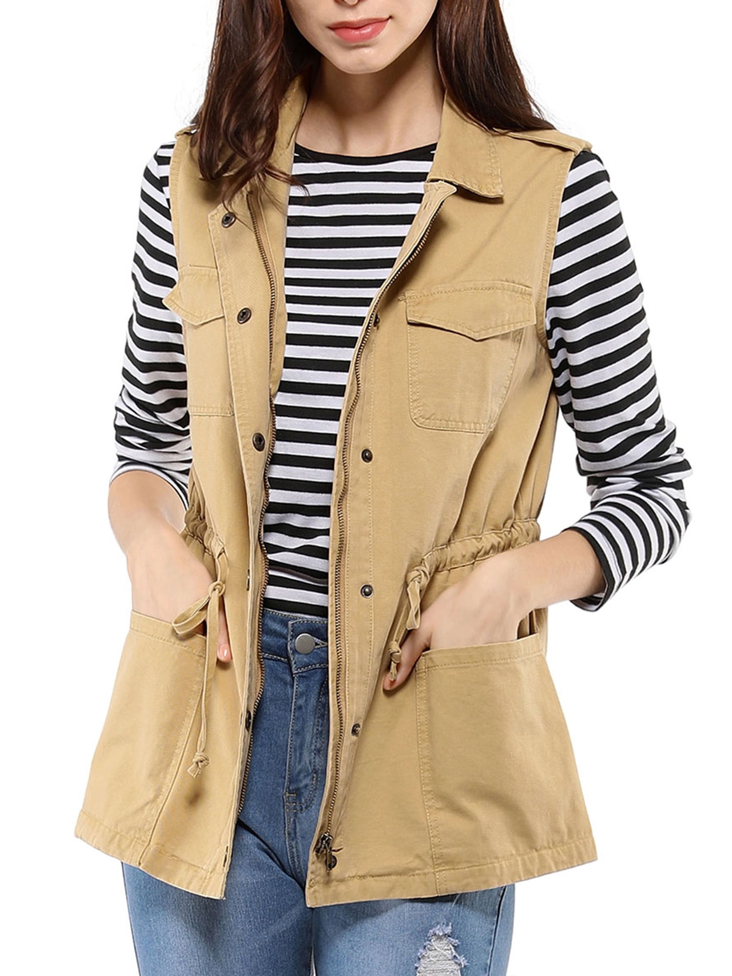 DARING DIVA Women Functional Pockets Drawstring Waist Cargo Vest S Khaki