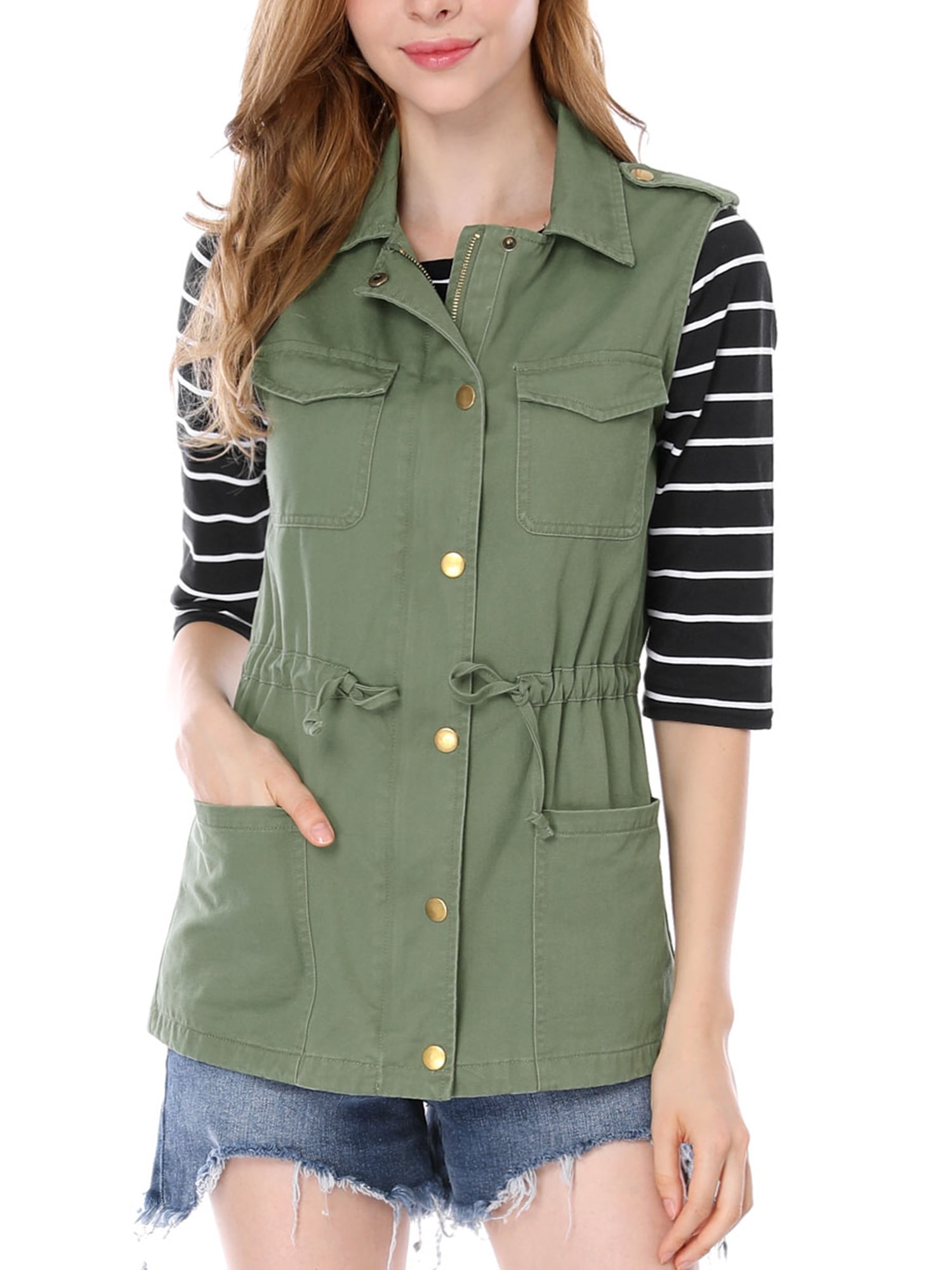 DARING DIVA Women Functional Pockets Drawstring Waist Cargo Vest XL Green