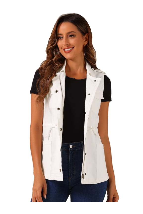 Women Functional Pockets Drawstring Waist Cargo Vest XL White