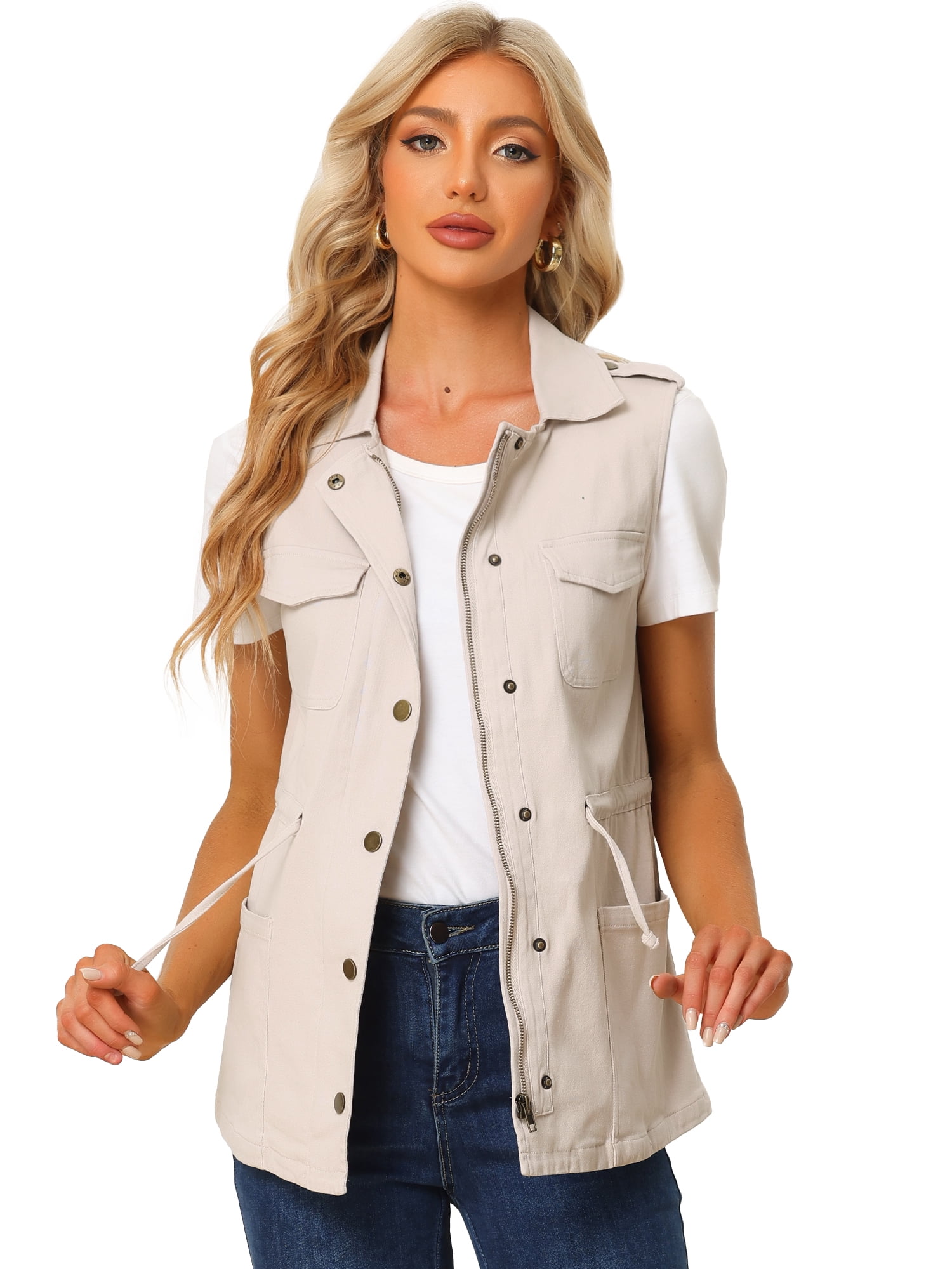 DARING DIVA Women Functional Pockets Drawstring Waist Cargo Vest XS Beige