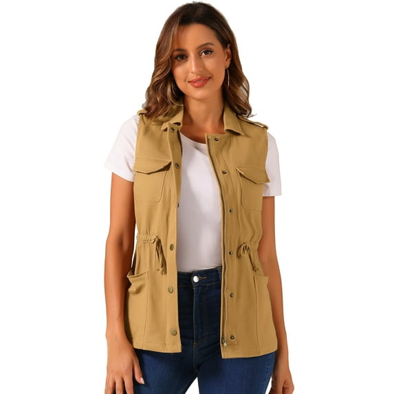 DARING DIVA Women Functional Pockets Drawstring Waist Cargo Vest XS Deep Khaki