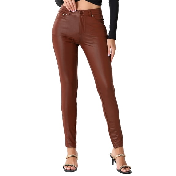 DARING DIVA Women High Waist Stretch Legging Faux Leather Pants Large Brown