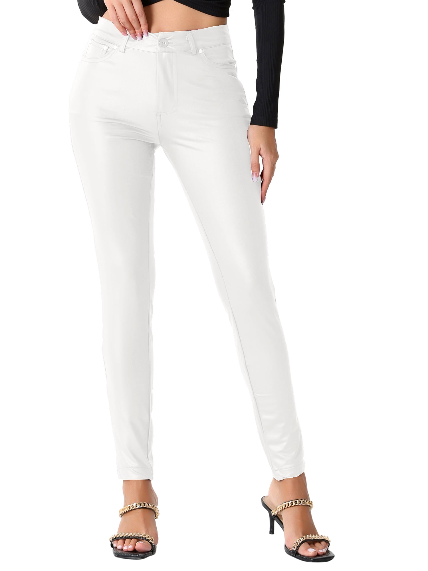 DARING DIVA Women High Waist Stretch Legging Faux Leather Pants Large White